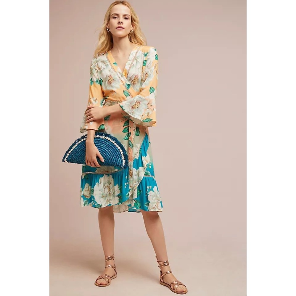 Farm Rio Anthropologie Floral Wrap Dress Peach Teal Bell Sleeve Small